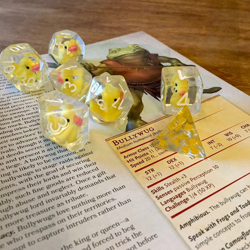 Lucky Ducks in a Row Dice Set (Give away a Mystery Monster D&D RPG Figures Miniatures)